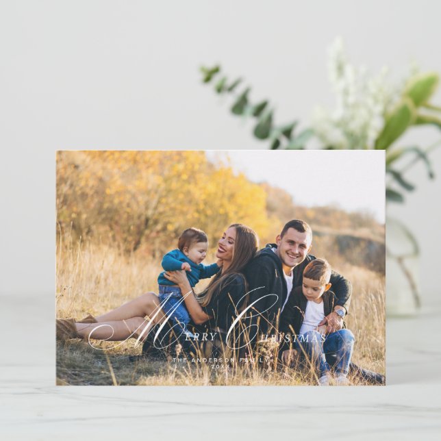 Calligraphie Script Merry Christmas Foto Card Einladung (Stehend Vorderseite)