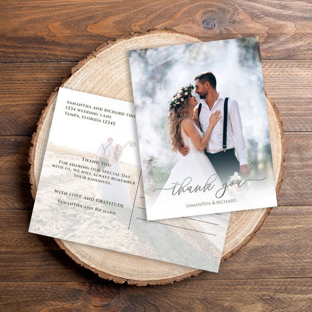 Calligraphie Script Simple Elegant Two Foto Modern Postkarte (Silver calligraphy script photo thank you postcard. )