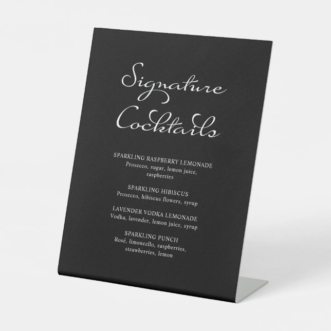 Calligraphie Signature Cocktails Schwarze Hochzeit Sockelschild (Vorderseite)