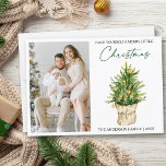 Calligraphie Tinte Foto Wasserfarben Pine Tree Feiertagskarte<br><div class="desc">Moderne elegante Kalligraphie Pinzette Minimalistische Foto Aquarell Pine Tree Holiday Card - Haben Sie ein frohes Fest</div>