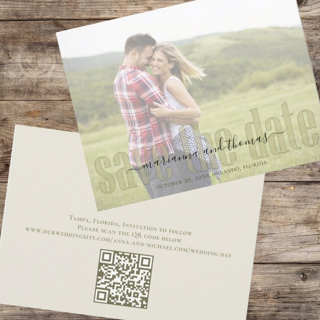 Calligraphie Vellum Simple Elegant Foto QR Code Save The Date (Von Creator hochgeladen)