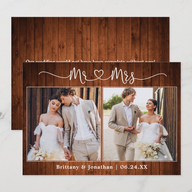 Calligraphisches Herz Foto Wedding Wood Dankeskarte (Vorne/Hinten)