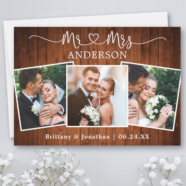 Calligraphisches Herz Mr. Wedding 3 Fotos Wood Dankeskarte (Customize to change your personalized text size or text style.)
