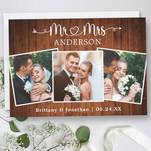 Calligraphisches Herz Mrs. 3 Fotos Wedding Wood Dankeskarte (Customize to change your personalized text size or text style.)