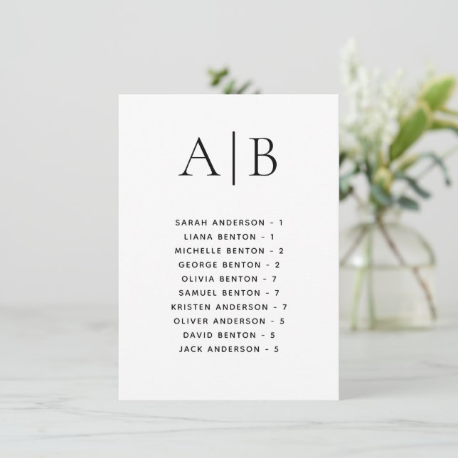Calligraphy Alphabetical Wedding Seating Card Einladung (Stehend Vorderseite)