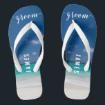 Calligraphy Beach Groom Wedding Party Flip Flops<br><div class="desc">Kalligrafischer Strand Groom Hochzeitsfeier Flip Flops mit breiten Gurten und anpassbaren Text - Sie können Groom Namen hinzufügen</div>