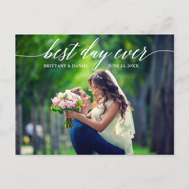 Calligraphy Best Day Ever Wedding Foto Vielen Dank Postkarte (Vorderseite)