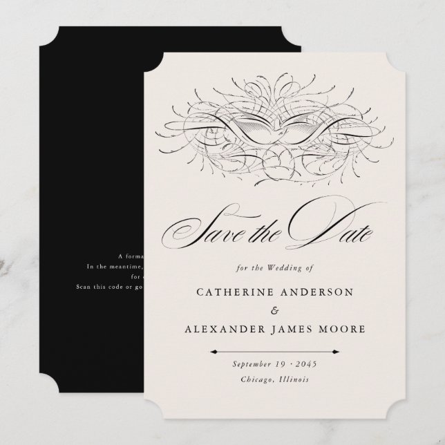 Calligraphy Bird Vintage Illustration Wedding Save The Date (Vorne/Hinten)