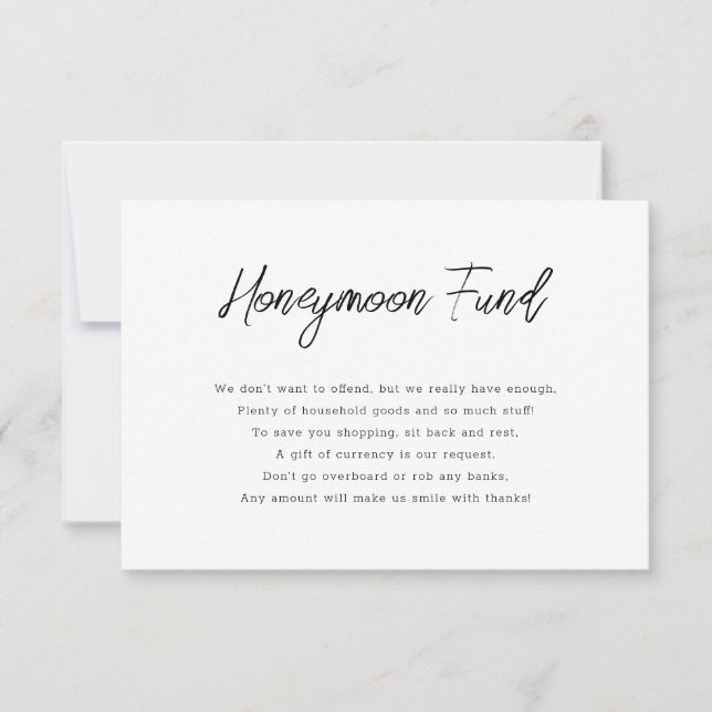 Calligraphy Black and White Honeymoon Fund Card Einladung (Vorderseite)