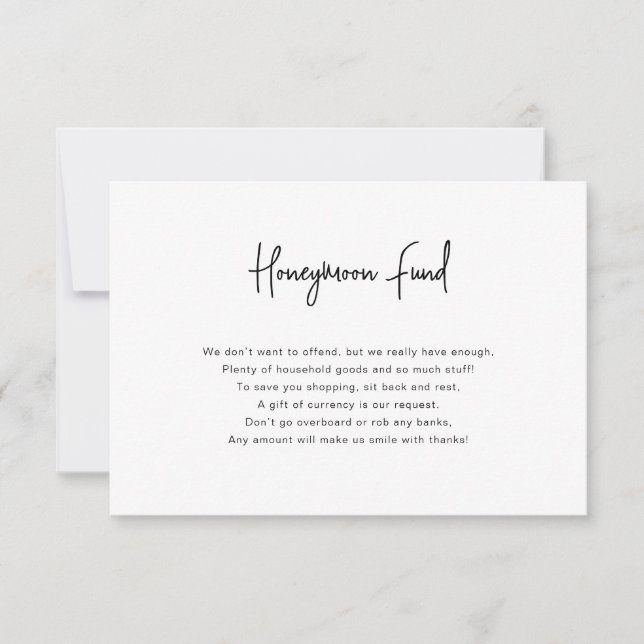 Calligraphy Black and White Honeymoon Fund Card Einladung (Vorderseite)