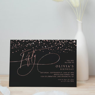 Calligraphy Black Rose Gold Confetti 50th Birthday Einladung
