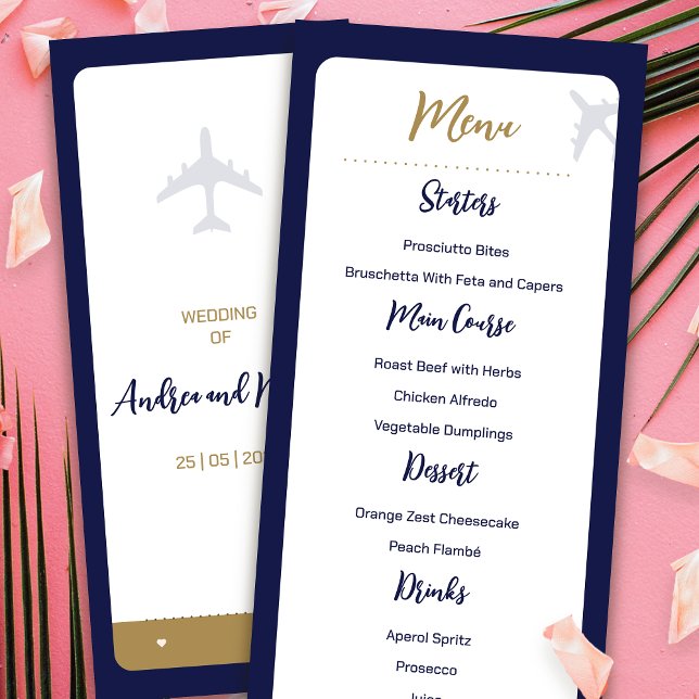 Calligraphy Blue Boarding Pass Wedding Menu Menükarte (Calligraphy Blue Boarding Pass Wedding Menu)