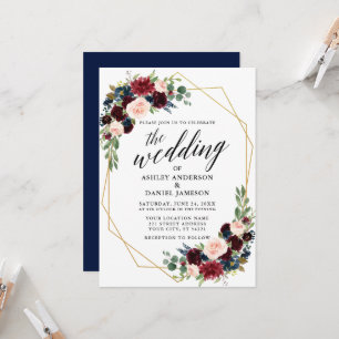 Calligraphy Blue Burgundy Geometric Gold Wedding Einladung