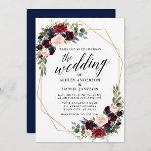 Calligraphy Blue Burgundy Geometric Gold Wedding Einladung