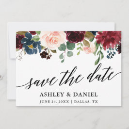 Calligraphy Blue Burgundy Save the Date Card Dankeskarte