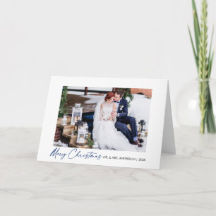 Calligraphy Blue Ink Script Wedding Fold Photo Feiertagskarte