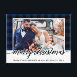Calligraphy Blue Kariert Wedding Foto Weihnachten Postkarte<br><div class="desc">Modernes Kalligrafie Script Blue Kariert Wedding Foto Weihnachts Postcard</div>