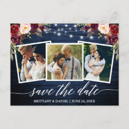Calligraphy Blue Wood Floral Save the Date Postkarte