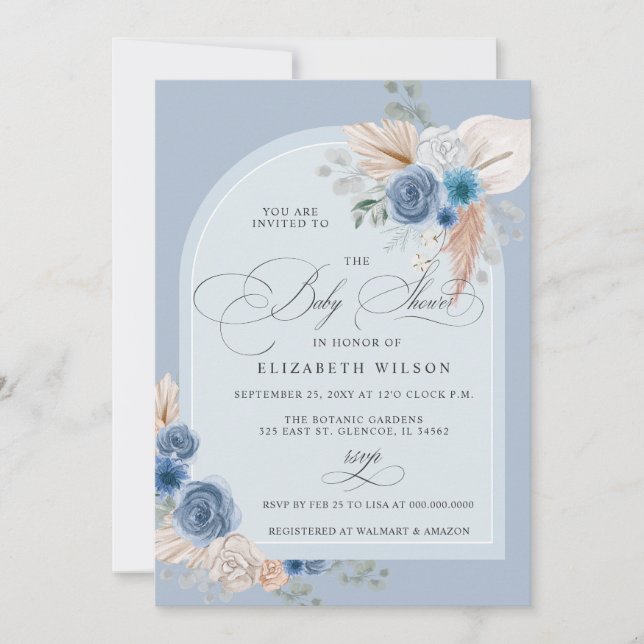 Calligraphy Boho Dusty Blue Pampas Baby Shower Einladung (Vorderseite)