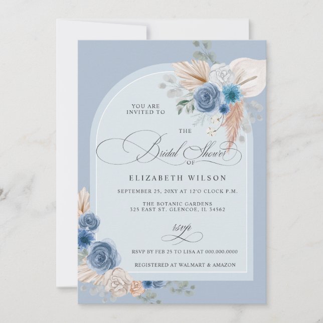 Calligraphy Boho Dusty Blue Pampas Brautparty Einladung (Vorderseite)