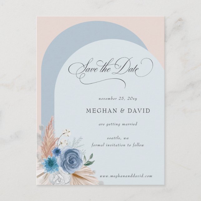 Calligraphy Boho Dusty Blue Pampas Save the Date Ankündigungspostkarte (Vorderseite)