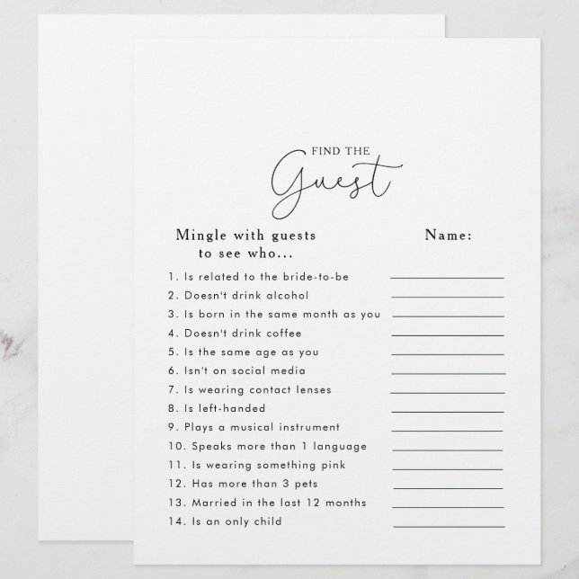 Calligraphy Brautparty Finden Sie das Gast Game (Vorne/Hinten)