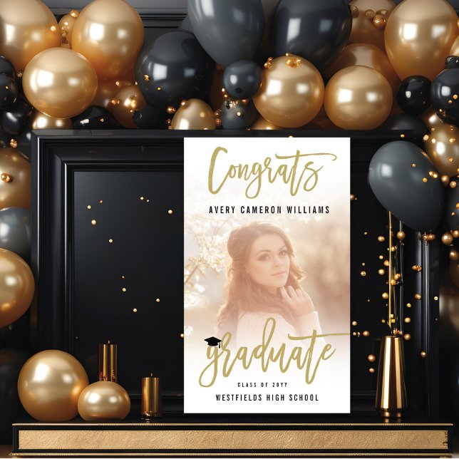 Calligraphy Brush Script Foto Graduation Party Banner (Calligraphy Gold Brush Script Stylish Photo Graduation Party Banner @ www.zazzle.com/color_therapy)