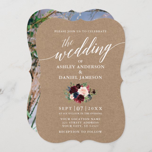 Calligraphy Burgundy Blue Floral Kraft Foto Einladung (Vorne/Hinten)