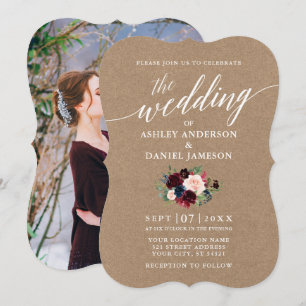 Calligraphy Burgundy Blue Floral Kraft Foto Einladung