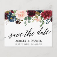 Calligraphy Burgundy Blue Floral Save the Date