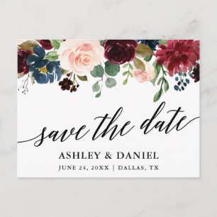 Calligraphy Burgundy Blue Floral Save the Date Postkarte