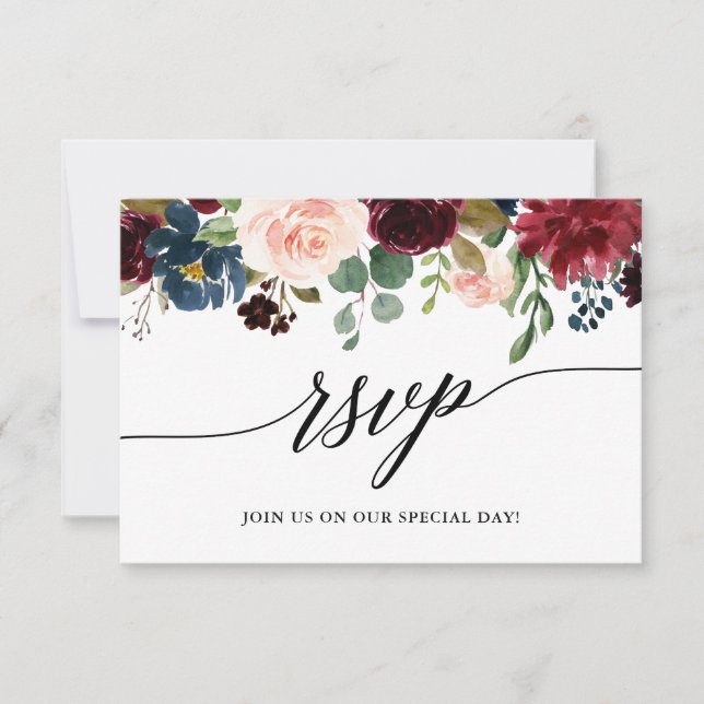 Calligraphy Burgundy Blue Floral Wedding RSVP Meet (Vorderseite)