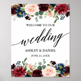 Calligraphy Burgundy Blue Floral Wedding Willkomme Poster