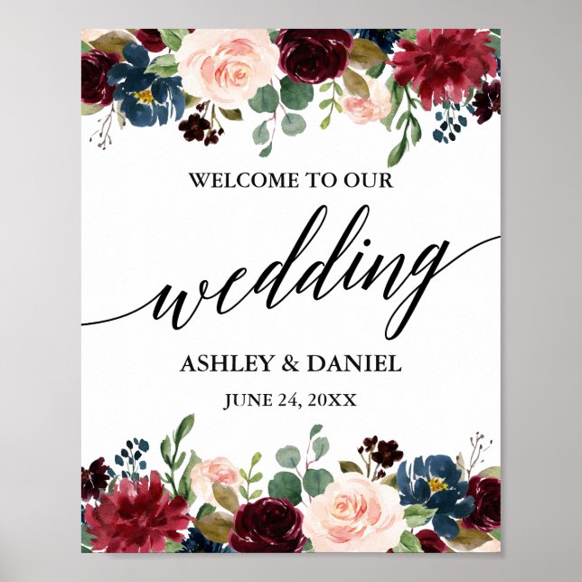 Calligraphy Burgundy Blue Floral Wedding Willkomme Poster (Vorne)