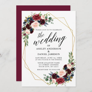 Calligraphy Burgundy Blue Geometric Gold Wedding Einladung