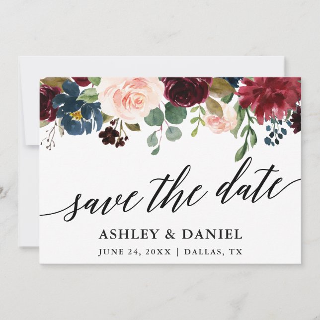 Calligraphy Burgundy Blue Save the Date Card Dankeskarte (Vorderseite)