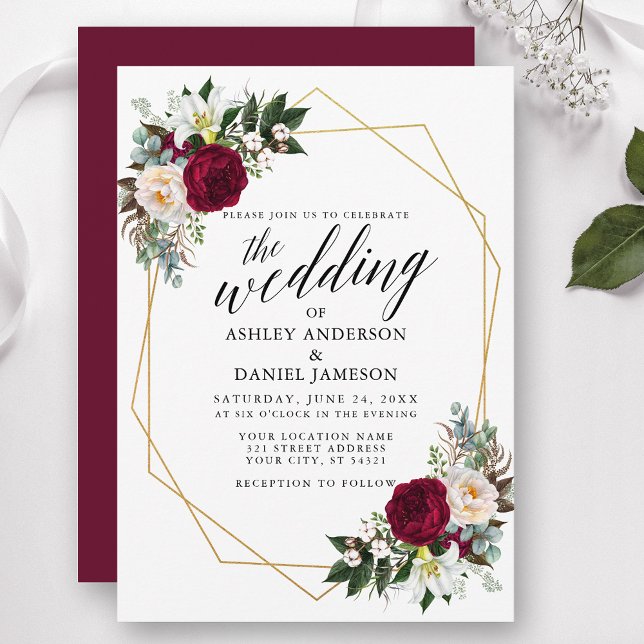 Calligraphy Burgundy Blumengrün Gold Wedding Einladung (Customize to change text color, style, add text & photos to back or change color of back of card.)