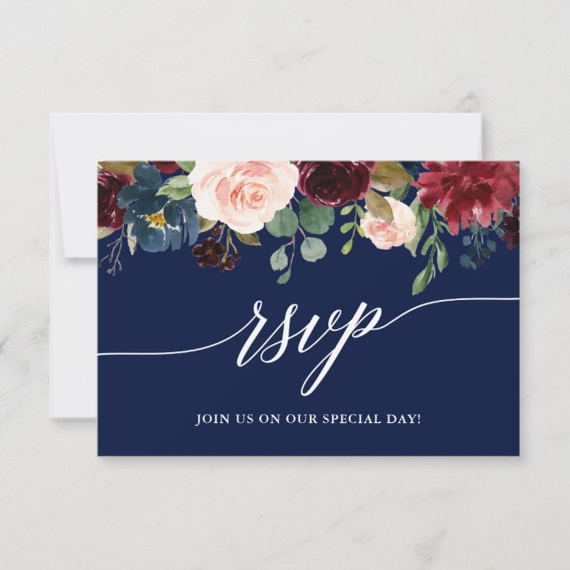 Calligraphy Burgundy Floral Blue Wedding RSVP Meet Karte (Vorderseite)