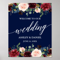 Calligraphy Burgundy Floral Blue Wedding Willkomme