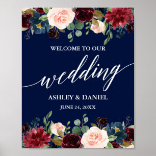 Calligraphy Burgundy Floral Blue Wedding Willkomme Poster