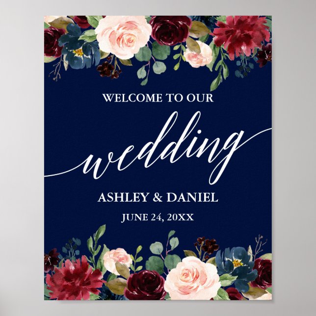 Calligraphy Burgundy Floral Blue Wedding Willkomme Poster (Vorne)