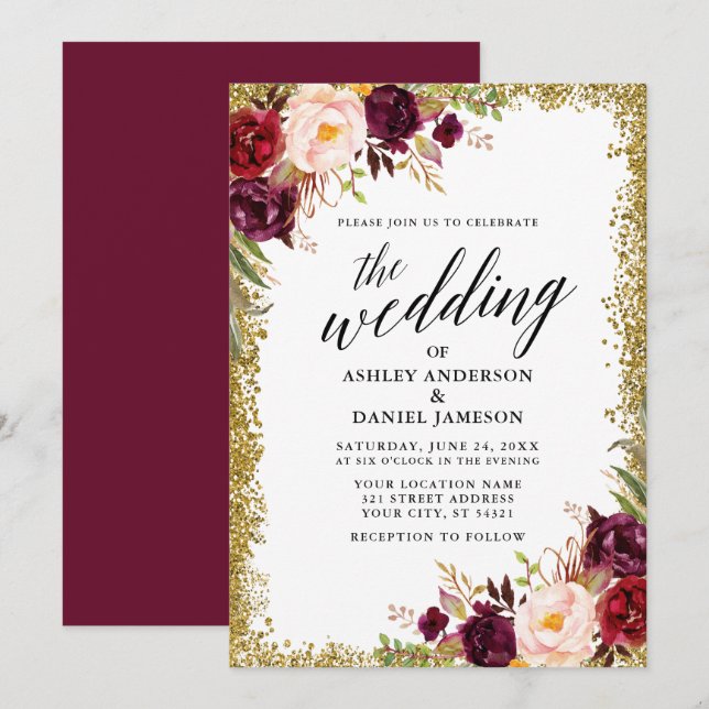 Calligraphy Burgundy Floral Gold Glitzer Wedding Einladung (Vorne/Hinten)