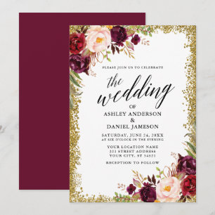 Calligraphy Burgundy Floral Gold Glitzer Wedding Einladung