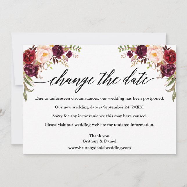 Calligraphy Burgundy Floral New Wedding Date Card Save The Date (Vorderseite)