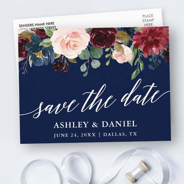 Calligraphy Burgundy Floral Save the Date Blue Postkarte (Customize to change your personalized text size, text style or background color of card.)