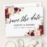 Calligraphy Burgundy Floral Save the Date Postkarte<br><div class="desc">Moderne elegante Kalligraphie,  Watercolor Burgund Blumenhochzeit speichern das Datum Postkarte</div>