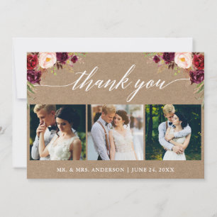 Calligraphy Burgundy Floral Wedding 3 Foto Kraft Dankeskarte