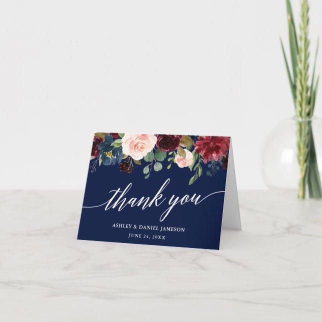 Calligraphy Burgundy Floral Wedding Blue Note Dankeskarte (Vorderseite)