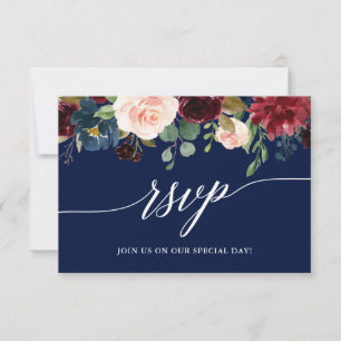Calligraphy Burgundy Floral Wedding Blue RSVP Karte