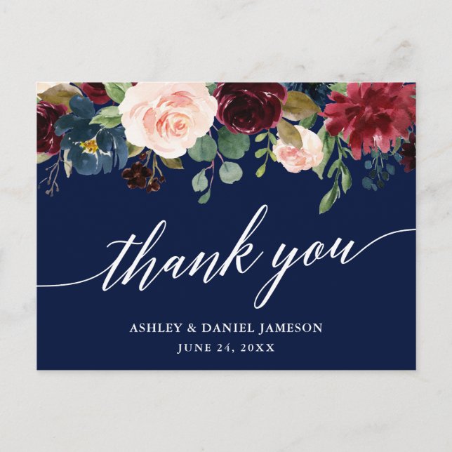 Calligraphy Burgundy Floral Wedding Blue Vielen Da Postkarte (Vorderseite)